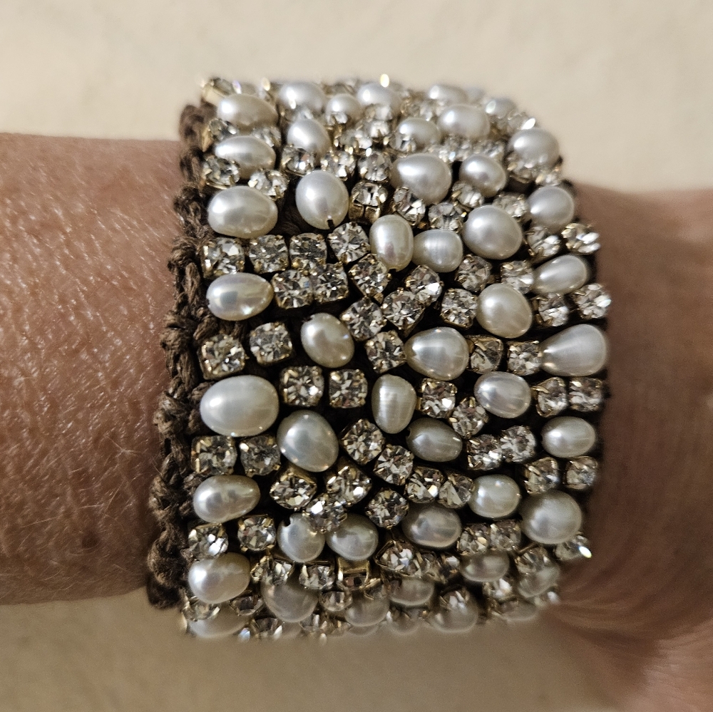 Artisan Hand Crocheted Freshwater Pearl & Crystal Leather Strap Cuff Bracelet